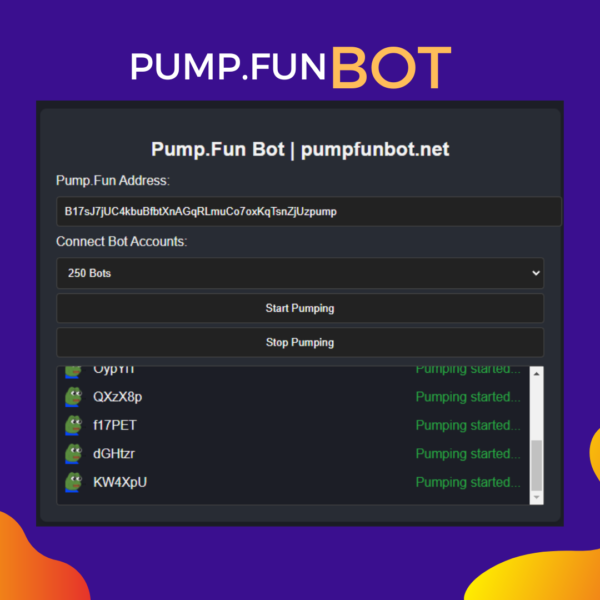 An image of Pump.Fun Bot, a digital assistant designed for coordinating and optimizing memecoin pumps on the Pump.Fun platform. The bot features sleek graphics and financial-themed icons, highlighting its role in driving strategic investments and managing crypto market trends.